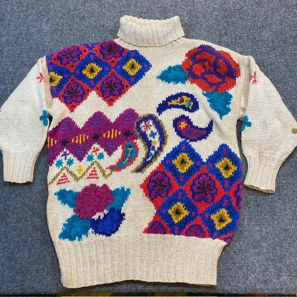 Vintage 80s Hand Knit Chunky Large Cream Sweater Jennifer Reed Paisley Colorful